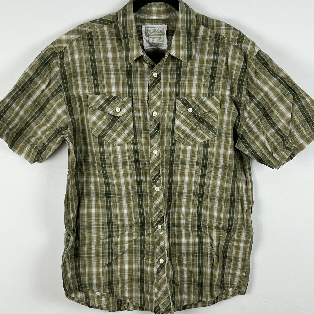 Midtown Casual Button Shirt Size L Green Plaid Short Sleeve Collared Pockets